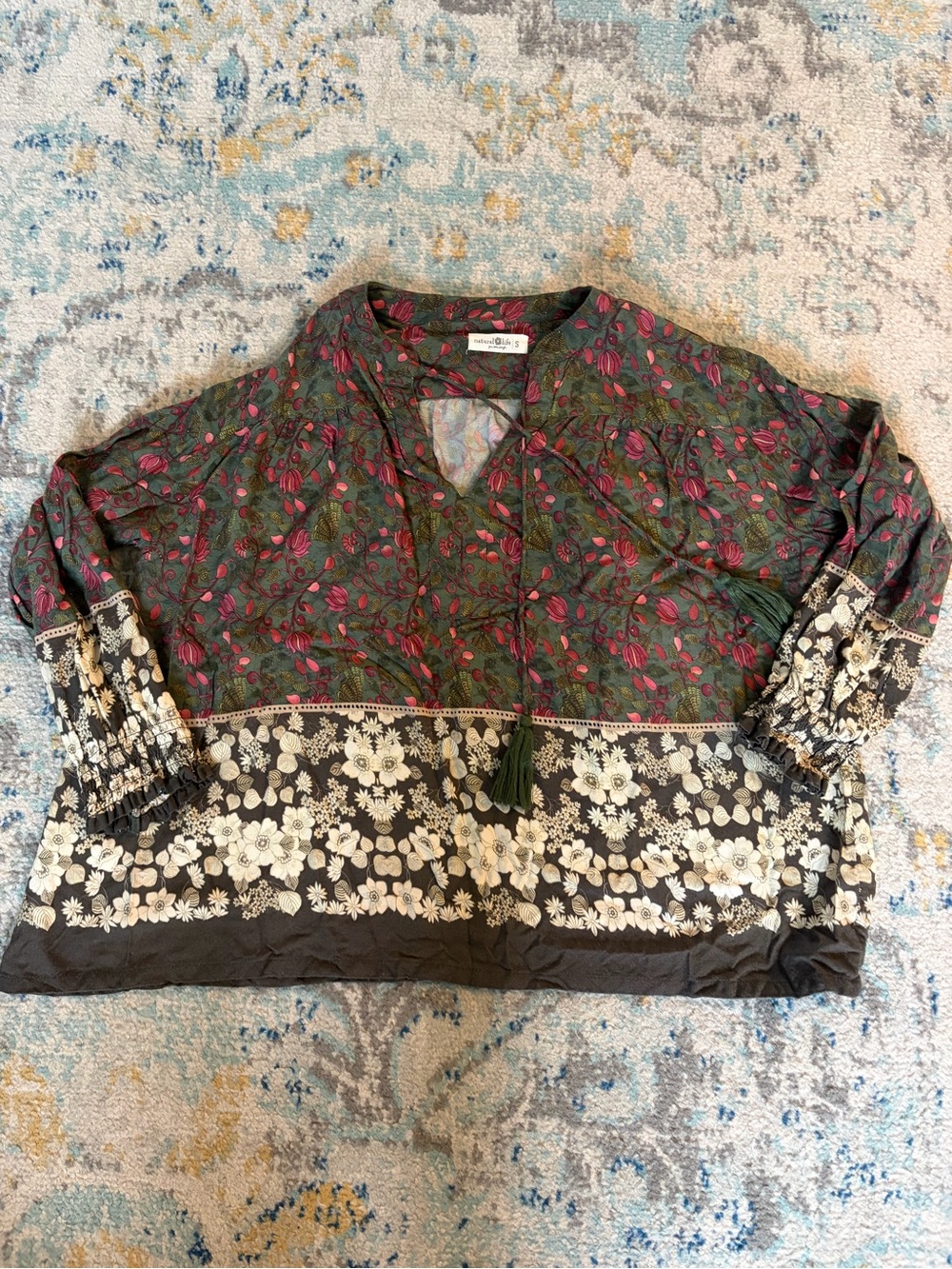 Natural Life Boho Floral Printed Peasant Top in Forest Green
